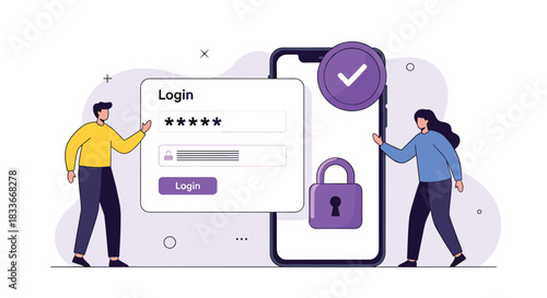 Modern flat illustration of a man and woman using a smartphone with a secure login form, symbolizing user authentication and data protection.