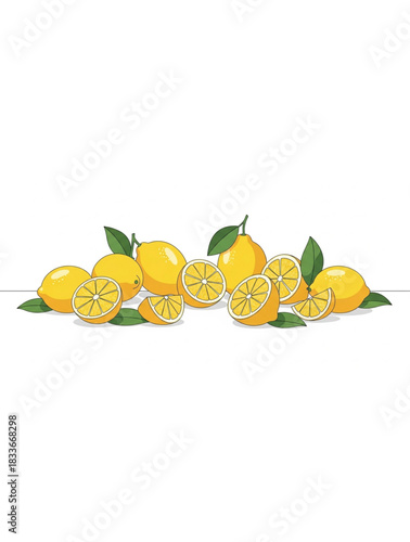 Collection of fresh lemons and slices with green leaves