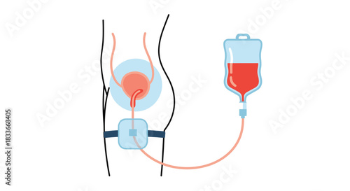 Medical illustration of a peritoneal dialysis procedure, showing the catheter, solution bag, and connection to the patient's abdomen.