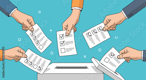 Multiple hands casting votes into a ballot box during an election, illustrating the democratic process and civic duty in a flat design.