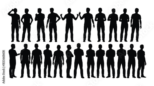 Collection of male silhouettes in various poses isolated on white background, Vector