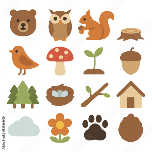 Whimsical Woodland Collection: A delightful collection of charming, colorful illustrations captures the essence of the forest and its adorable inhabitants. Including bear, owl, squirrel, birds.