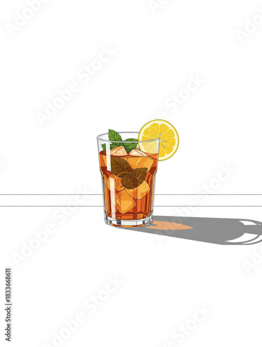 Iced tea with mint and lemon in a glass.