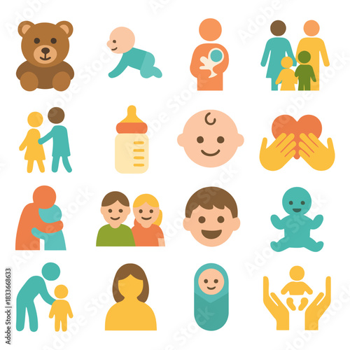 Family and Parenthood Icons: A vibrant collection of family and parenthood icons, depicting various aspects of family life, including a teddy bear, baby, bottle, and family unity.