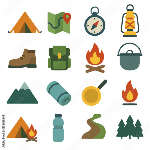 Camping Icons: A set of colorful flat icons symbolizing essential elements for outdoor camping, including a tent, map, compass, lantern, boot, backpack, campfire, pot, mountain, mat, pan.