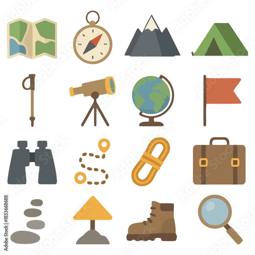 Adventure Gear Collection: An inviting compilation of essential outdoor adventure equipment, each element carefully crafted to symbolize exploration, discovery, and the thrill of the journey.