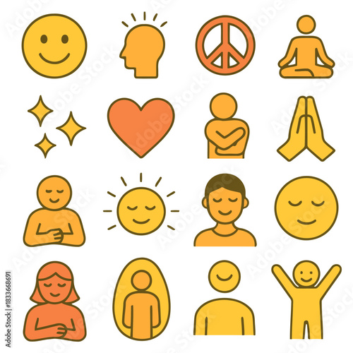 Icons of Serenity and Emotions: A collection of various icons depicting positive emotions and symbols of inner peace. Showcasing a range of expressions and states of mind.