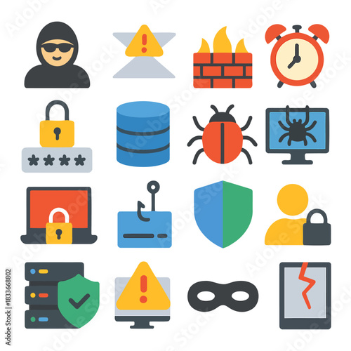 Cybersecurity Icons: A collection of meticulously crafted icons illustrating the various facets of digital security. Representing a range of elements associated with internet security.