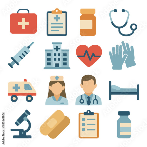 Health Icon Array: A carefully curated collection of medical icons, each representing essential tools and symbols of healthcare and well-being.