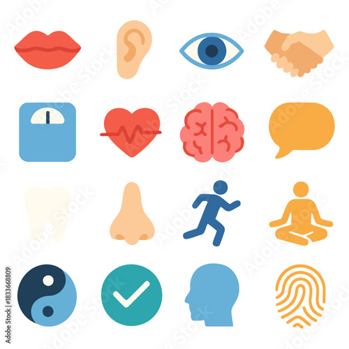 Symbols of Human Experience: An array of simple, vibrant icons symbolizes essential aspects of human existence, from physical senses to mental states.