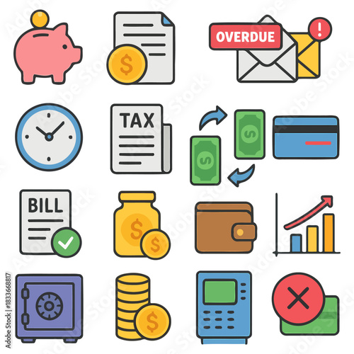 Financial Icon Set: A vibrant collection of financial icons, symbolizing various aspects of money, including savings, bills, payments, and investments. The set is presented on a clean background.