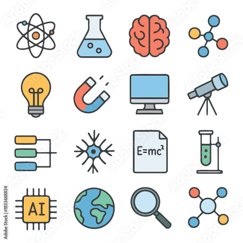 Icons of Discovery: A comprehensive collection of science and technology icons, each meticulously designed to represent a core aspect of scientific exploration, from atoms to artificial intelligence.