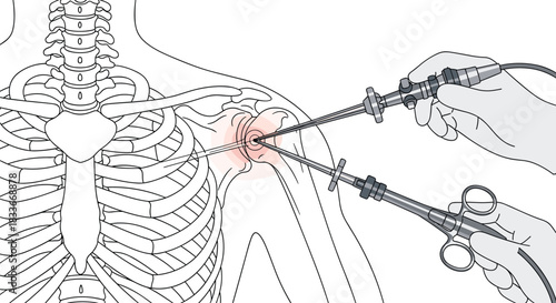 Medical illustration of a shoulder arthroscopy procedure, showing surgical instruments being used to perform minimally invasive surgery.