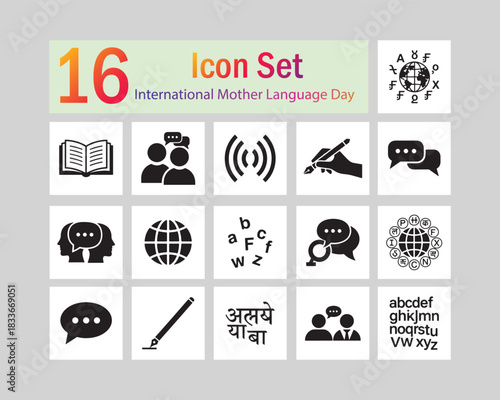 International Mother Language Day Icon Set With Communication Symbols book open book