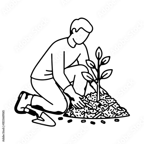 Gardener carefully plants a young sapling in fertile soil with a trowel nearby, symbolizing growth and environmental care