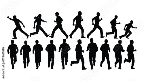 Running people silhouettes isolated on white background, Vector