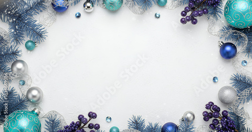 Winter holiday frame with blue ornaments, sparkling berries, and layered pine branches arranged in a bright seasonal layout that highlights the festive mood with soft winter charm