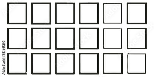 Grid of 18 blank square frames with black borders on white isolated on white background