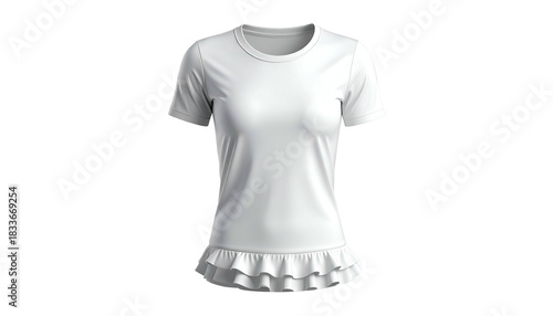 White, short-sleeved top with a round neck and ruffled hem against a black background