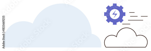 Large cloud and smaller outlined cloud with gear featuring lightning bolt. Ideal for technology, innovation, computing, connectivity, speed, cloud storage, modern systems. Simple flat metaphor