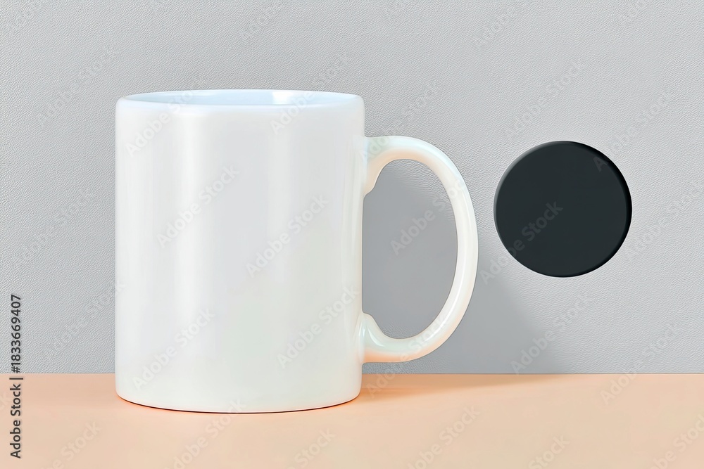 Fototapeta premium A white mug is placed on a peach-colored table against a gray wall with a black circular element. The image has a minimalist and clean aesthetic.