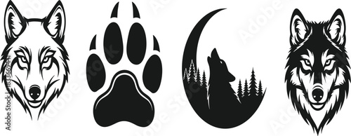 Black and white graphic icons of wolf heads paw print and howling wolf in crescent moon with trees