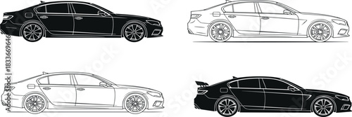 Black and white line art illustrations of a sedan car with spoiler automobile vehicle