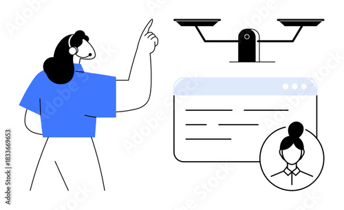 Remote work, digital tools, justice system, online communication, teamwork, decision-making. Illustration shows a woman pointing to a scale with a browser window. Remote work and digital tools