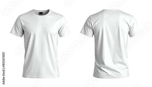 Two views of a plain white crew-neck T-shirt, front and back, on a black background