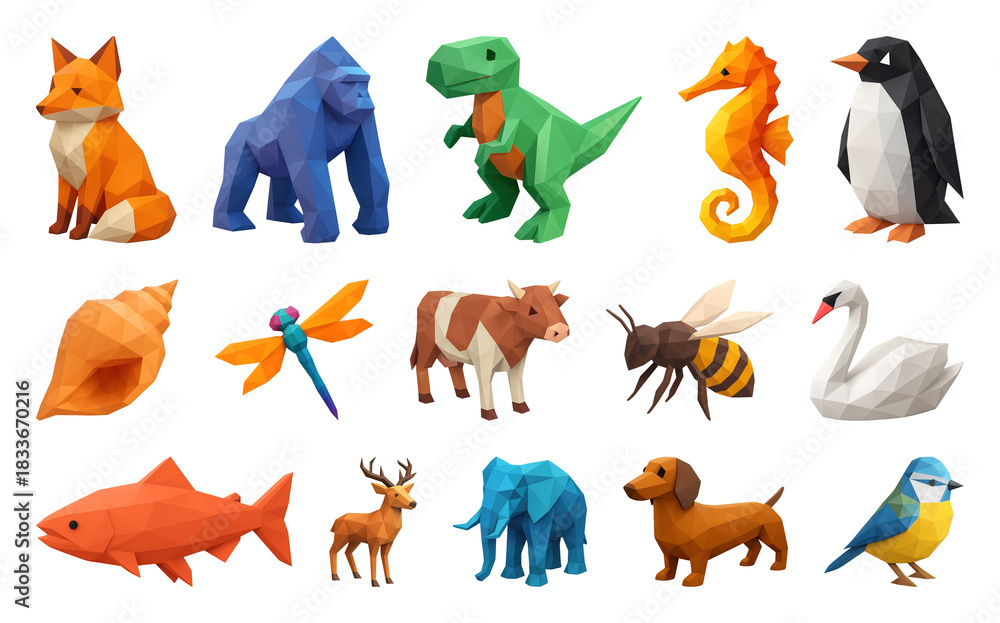 Obraz premium PNG Colorful low-poly animal collection, element set on transparent background