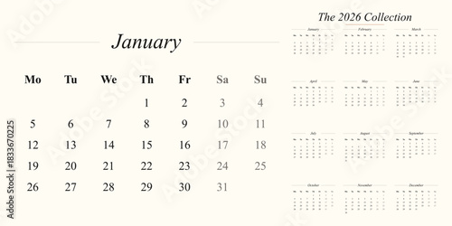 Elegant 2026 Calendar Collection: Monthly Layout with Minimalist Design and Neutral Color Palette, Perfect for Planning and Organization in the New Year