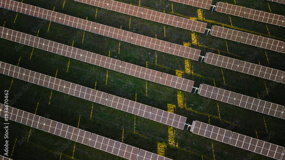 Fototapeta premium Aerial view of solar panels aligned in rows generating renewable energy on a green field under sunlight.