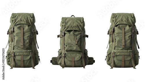 Three olive-green backpacks side-by-side against a black background