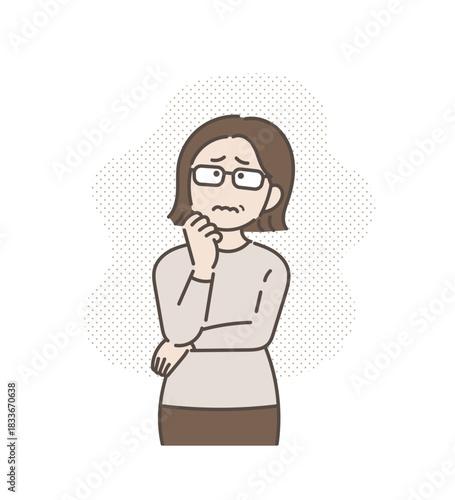 悩む、モヤモヤするポーズの40代女性のイラスト