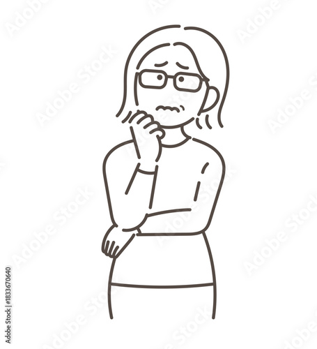 悩む、モヤモヤするポーズの40代女性のイラスト　線画のみ