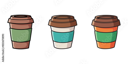 Three Coffee Cups with Lids and Sleeves on White Background
