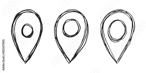 Set of hand drawn map pin Map marker pointer sign GPS and mapping tools Location pin symbol Pinpoint clipart in doodle style Single element for web, design