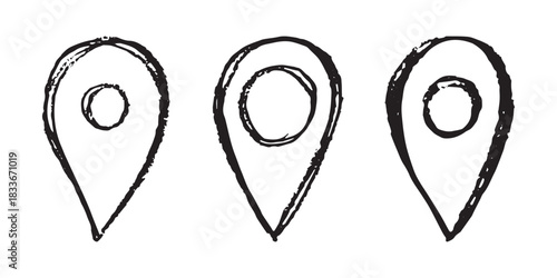 Set of hand drawn map pin Map marker pointer sign GPS and mapping tools Location pin symbol Pinpoint clipart in doodle style Single element for web, design