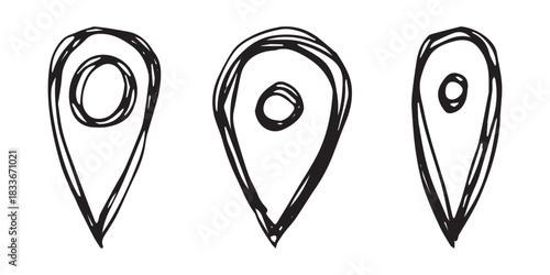 Set of hand drawn map pin Map marker pointer sign GPS and mapping tools Location pin symbol Pinpoint clipart in doodle style Single element for web, design