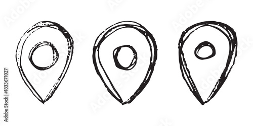 Set of hand drawn map pin Map marker pointer sign GPS and mapping tools Location pin symbol Pinpoint clipart in doodle style Single element for web, design
