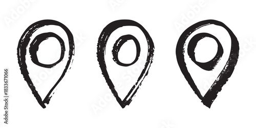 Set of hand drawn map pin Map marker pointer sign GPS and mapping tools Location pin symbol Pinpoint clipart in doodle style Single element for web, design