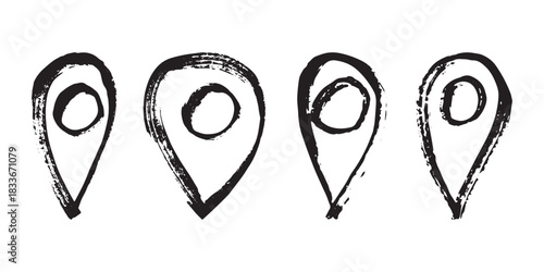Set of hand drawn map pin Map marker pointer sign GPS and mapping tools Location pin symbol Pinpoint clipart in doodle style Single element for web, design