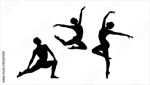 Three black silhouettes of ballet dancers in dynamic poses against a white background ballet dancer silhouette