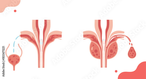 Medical illustration comparing a normal prostate and urethra with benign prostatic hyperplasia, showing urinary flow obstruction.