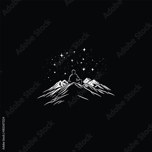 silhouette illustration of a person sitting peacefully on a mountain peak or hilltop, gazing up at a stunning starry night sky