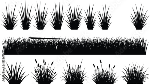 Black silhouette grass clumps and horizontal grass border with cattails white