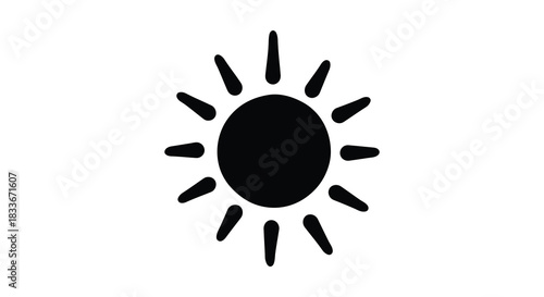 A simple black sun icon with radiating rays graphically designed as a bold silhouette