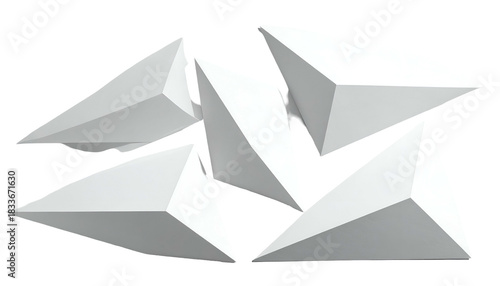 Five floating, abstract, 3D triangular prism shapes; glossy white, on a black background