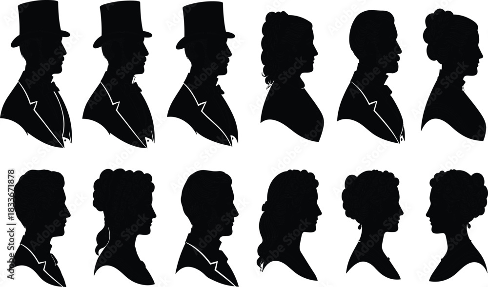Samolepka Black silhouettes of men in top hats and women with elaborate hairstyles facing