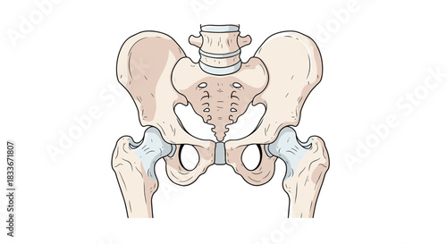 Anterior view anatomical illustration of the human pelvic girdle, showing the hip bones, sacrum, and coccyx in a clear diagram.
